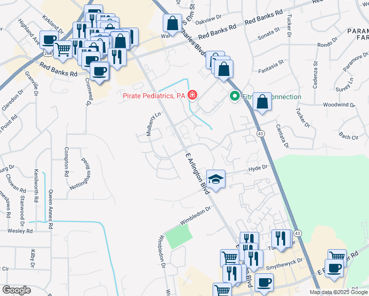 map of restaurants, bars, coffee shops, grocery stores, and more near Mulberry Lane in Greenville