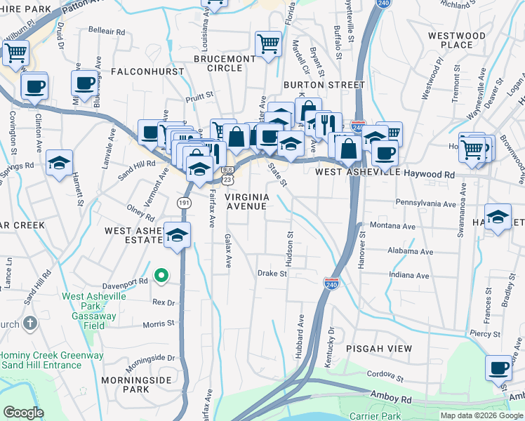 map of restaurants, bars, coffee shops, grocery stores, and more near 53 Nebraska Street in Asheville