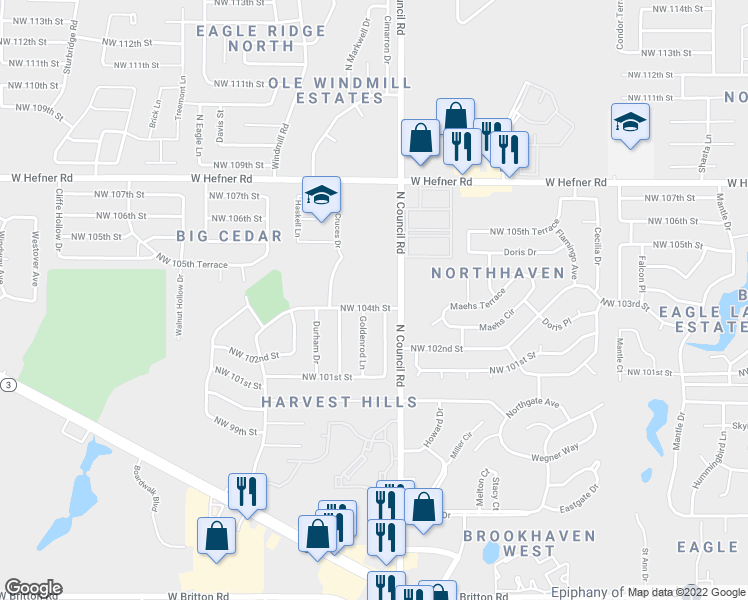 map of restaurants, bars, coffee shops, grocery stores, and more near 8027 Northwest 104th Street in Oklahoma City