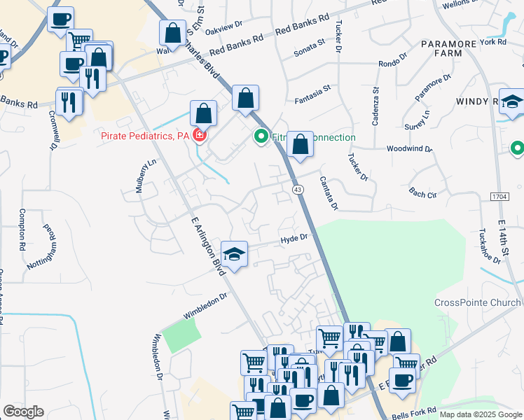 map of restaurants, bars, coffee shops, grocery stores, and more near 107 Breezewood Drive in Greenville