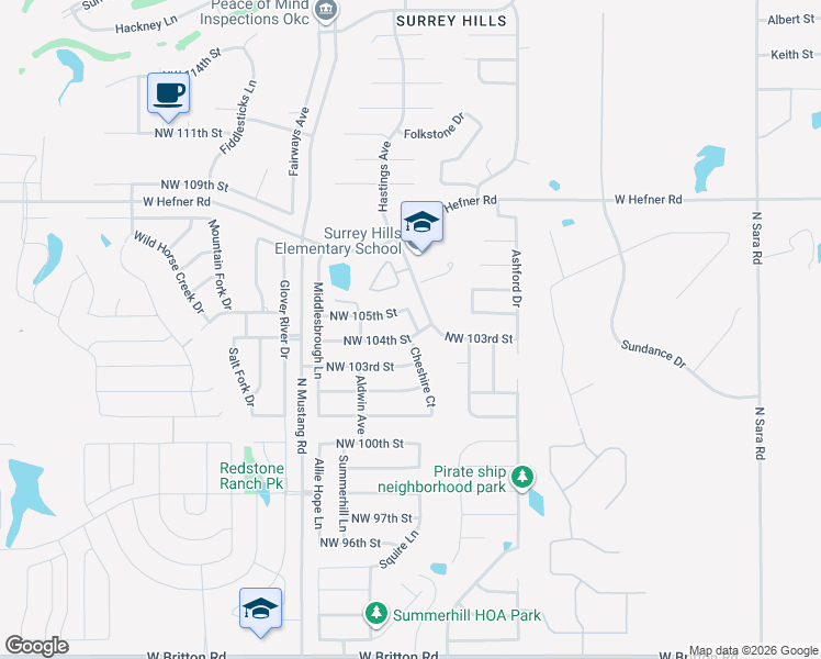 map of restaurants, bars, coffee shops, grocery stores, and more near 11220 Northwest 104th Street in Yukon