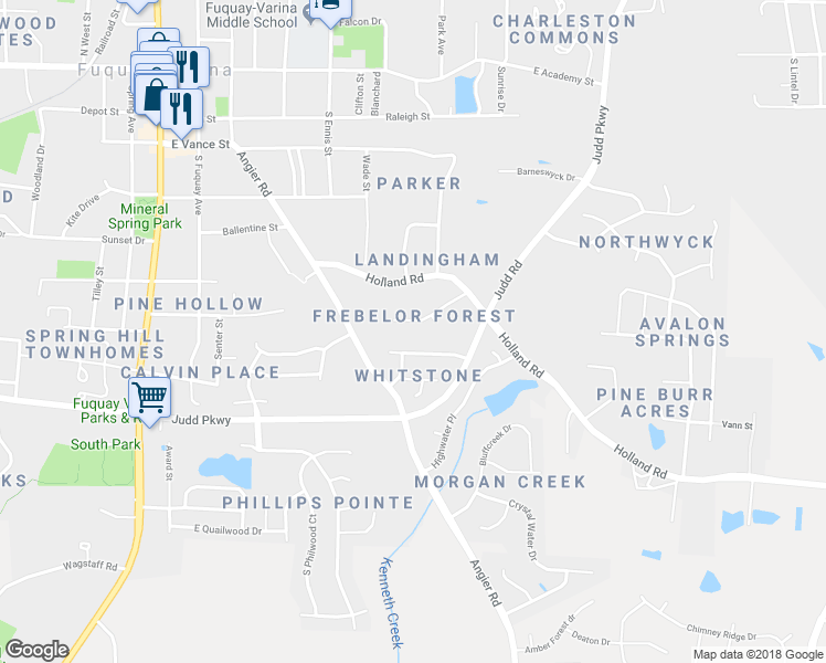 map of restaurants, bars, coffee shops, grocery stores, and more near 440 Creekway Drive in Fuquay Varina