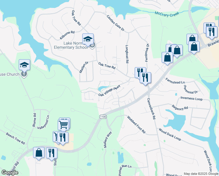 map of restaurants, bars, coffee shops, grocery stores, and more near 164 Oak Village Parkway in Mooresville