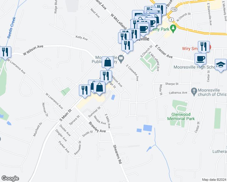 map of restaurants, bars, coffee shops, grocery stores, and more near 212 Pond Street in Mooresville