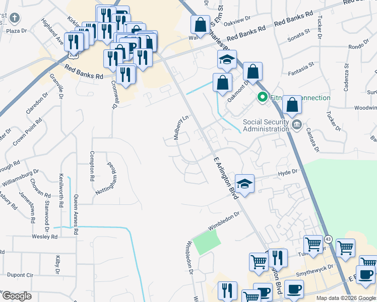 map of restaurants, bars, coffee shops, grocery stores, and more near 3001 Mulberry Lane in Greenville