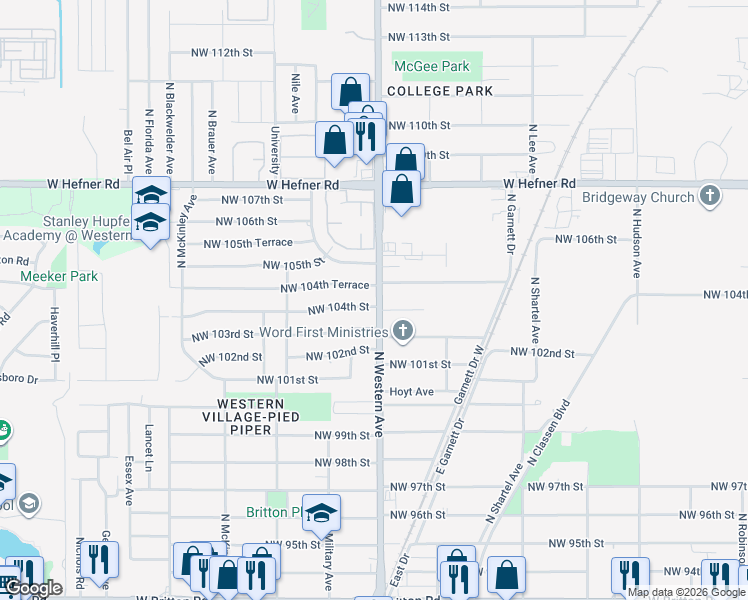 map of restaurants, bars, coffee shops, grocery stores, and more near 1100 Northwest 104th Street in Oklahoma City