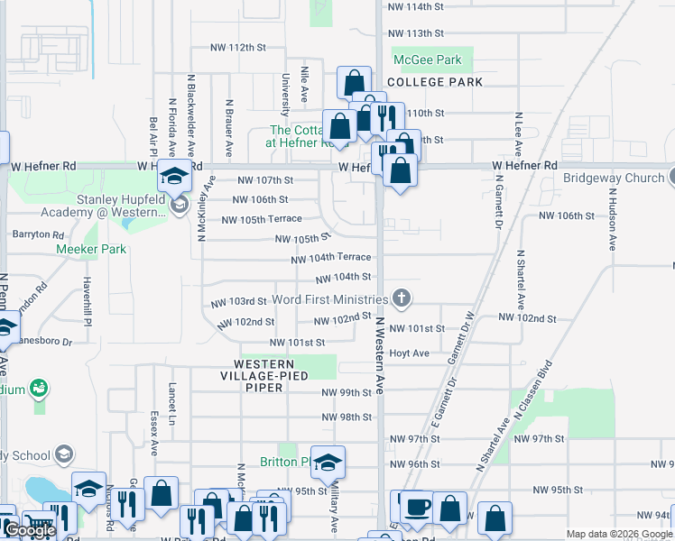 map of restaurants, bars, coffee shops, grocery stores, and more near 1128 Northwest 104th Street in Oklahoma City