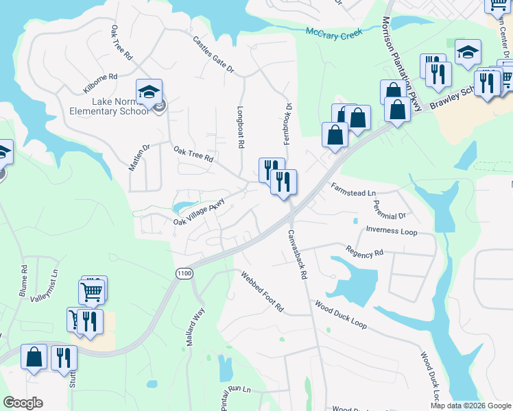 map of restaurants, bars, coffee shops, grocery stores, and more near 107 Springwood Lane in Mooresville