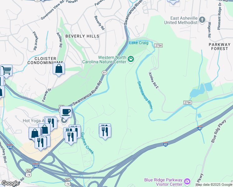 map of restaurants, bars, coffee shops, grocery stores, and more near 75 Gashes Creek Road in Asheville