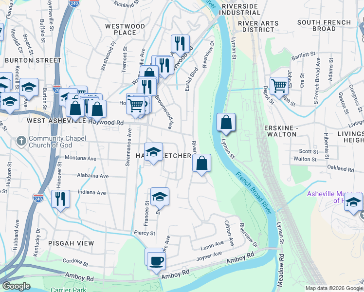 map of restaurants, bars, coffee shops, grocery stores, and more near 88 Longview Road in Asheville