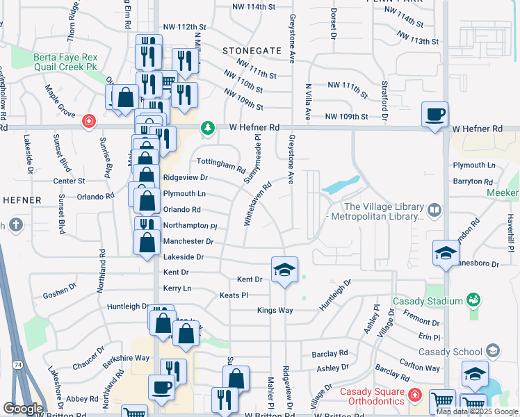 map of restaurants, bars, coffee shops, grocery stores, and more near 10412 Whitehaven Road in The Village