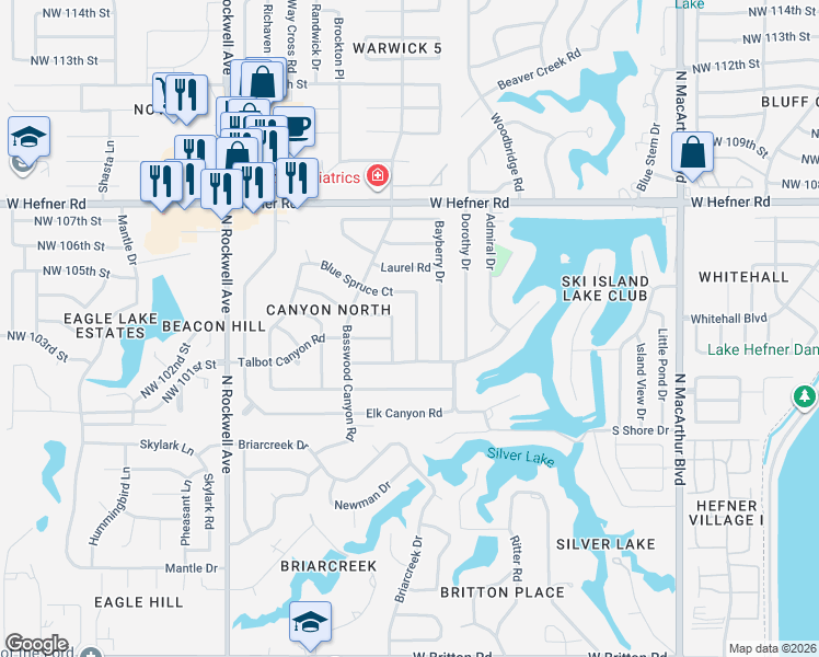map of restaurants, bars, coffee shops, grocery stores, and more near 10409 Evergreen Court in Oklahoma City