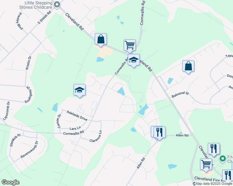 map of restaurants, bars, coffee shops, grocery stores, and more near 96 Royal Oak Lane in Garner