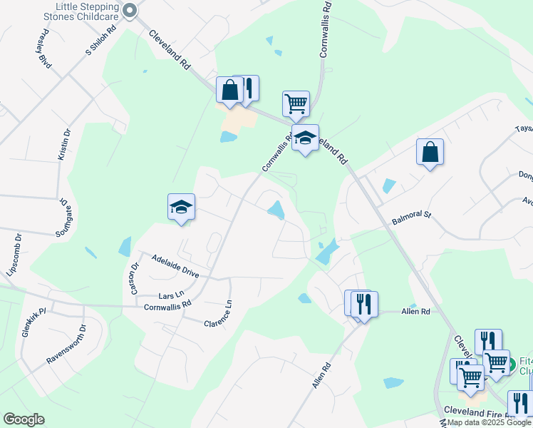 map of restaurants, bars, coffee shops, grocery stores, and more near 96 Royal Oak Lane in Garner