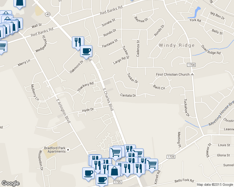 map of restaurants, bars, coffee shops, grocery stores, and more near 3702 Cantata Drive in Greenville