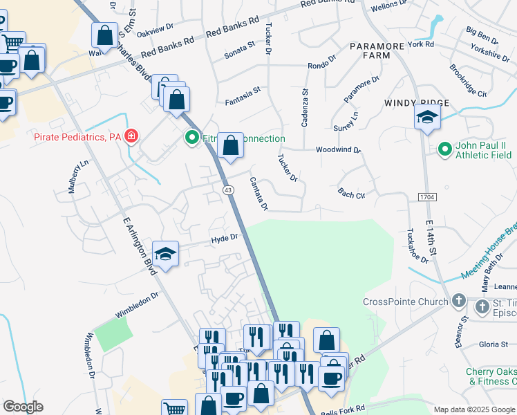 map of restaurants, bars, coffee shops, grocery stores, and more near 3702 Cantata Drive in Greenville