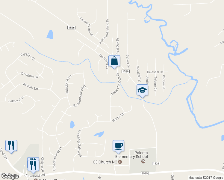 map of restaurants, bars, coffee shops, grocery stores, and more near 240 Majestic Oak Drive in Garner