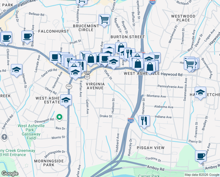 map of restaurants, bars, coffee shops, grocery stores, and more near 10 Sevan Court in Asheville