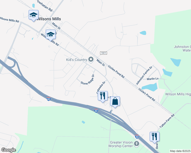 map of restaurants, bars, coffee shops, grocery stores, and more near 109 Stone Ridge Drive in Smithfield