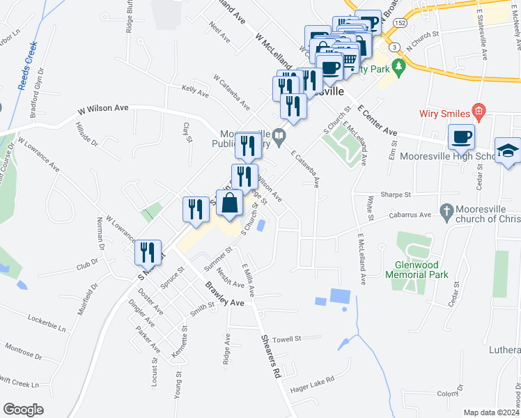 map of restaurants, bars, coffee shops, grocery stores, and more near 208 Pond Street in Mooresville