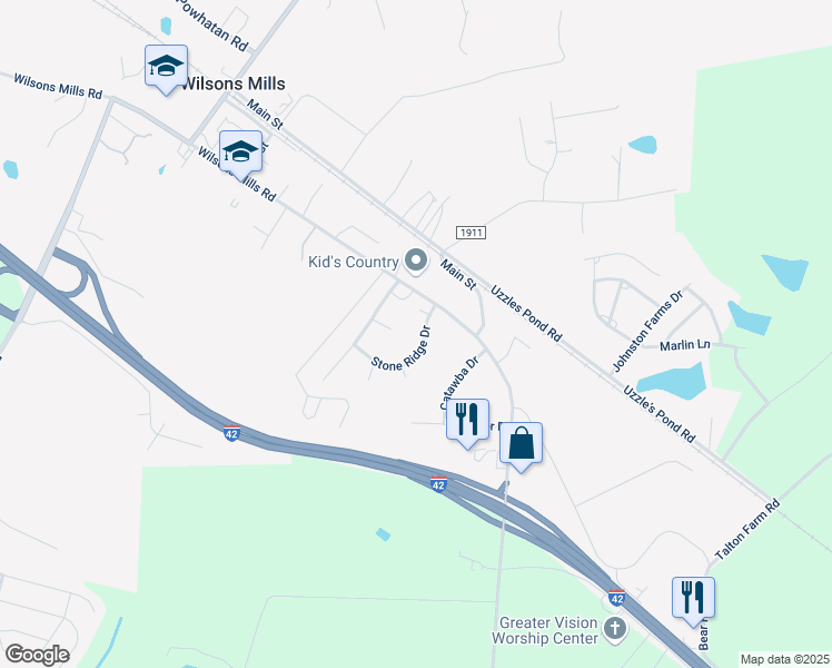 map of restaurants, bars, coffee shops, grocery stores, and more near 134 Stone Ridge Drive in Smithfield
