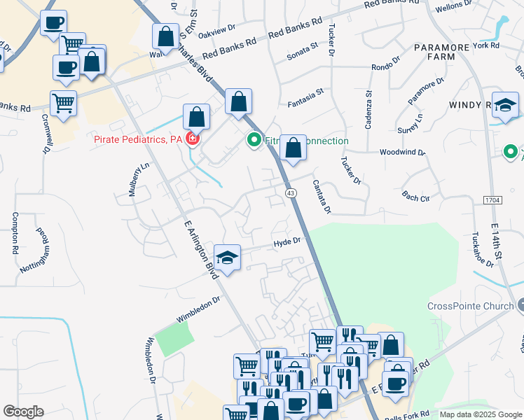 map of restaurants, bars, coffee shops, grocery stores, and more near 105 Breezewood Drive in Greenville