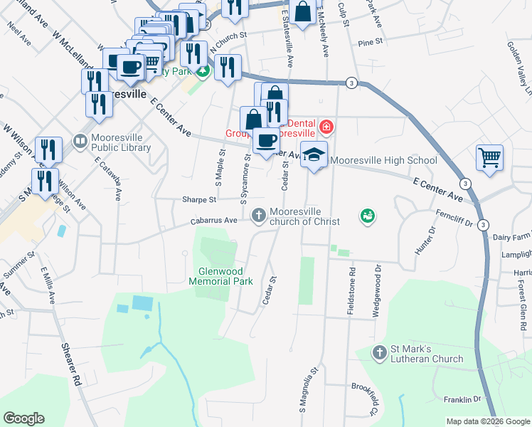 map of restaurants, bars, coffee shops, grocery stores, and more near 213 Glenwood Drive in Mooresville