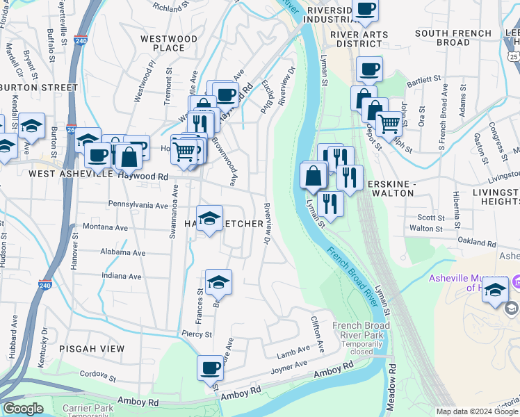 map of restaurants, bars, coffee shops, grocery stores, and more near 279 Riverview Drive in Asheville