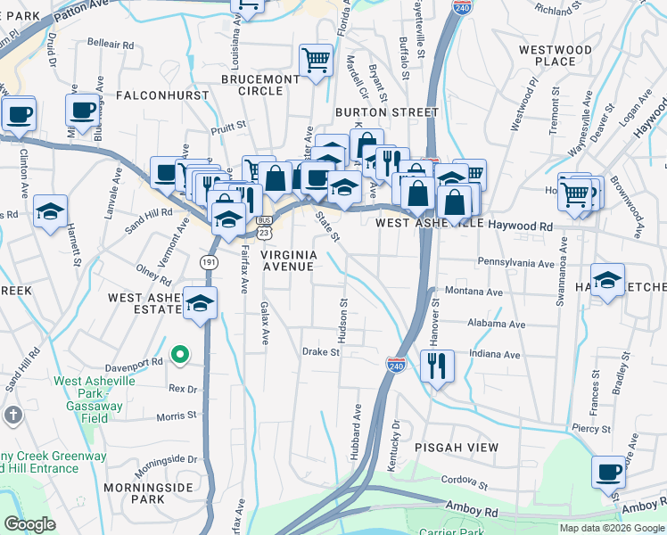 map of restaurants, bars, coffee shops, grocery stores, and more near 10 Sevan Court in Asheville