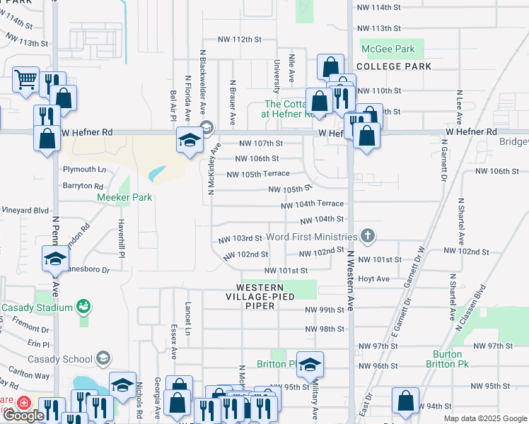 map of restaurants, bars, coffee shops, grocery stores, and more near 10412 North University Avenue in Oklahoma City