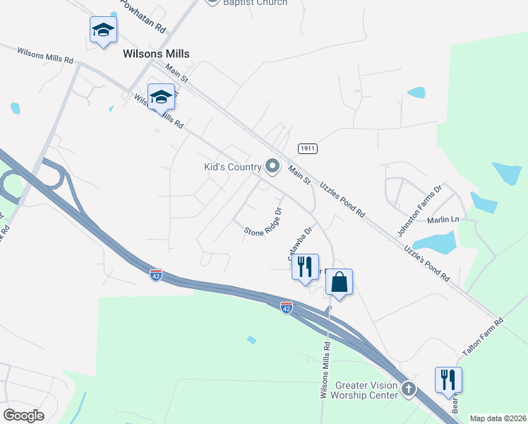 map of restaurants, bars, coffee shops, grocery stores, and more near 134 Stone Ridge Drive in Smithfield