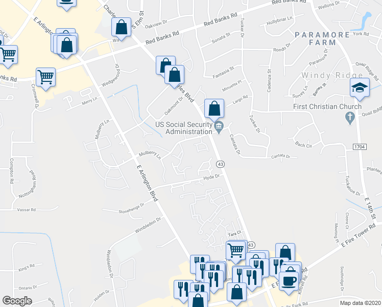 map of restaurants, bars, coffee shops, grocery stores, and more near 105 Breezewood Drive in Greenville