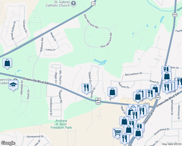 map of restaurants, bars, coffee shops, grocery stores, and more near 102 Stuart Circle in Greenville