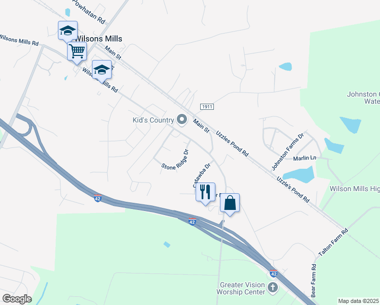 map of restaurants, bars, coffee shops, grocery stores, and more near 109 Stone Ridge Drive in Smithfield