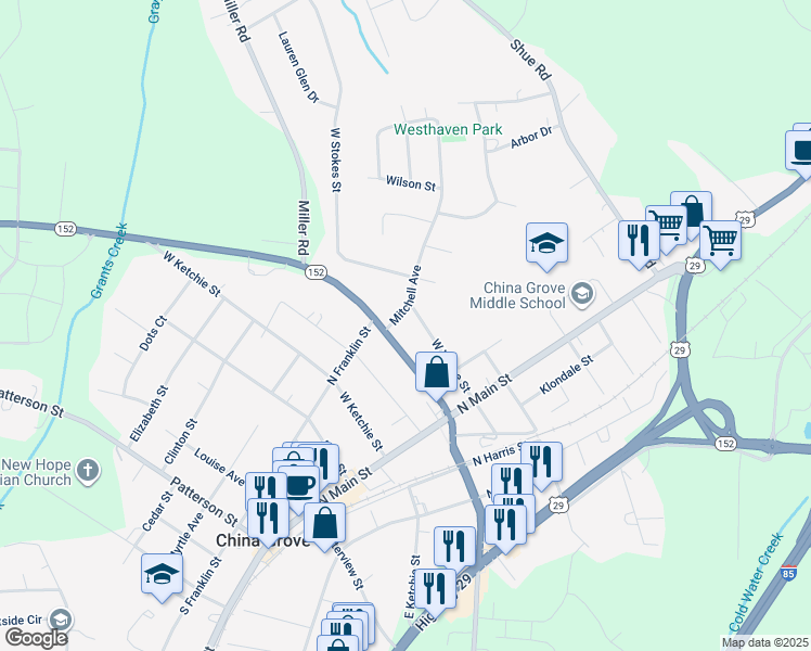 map of restaurants, bars, coffee shops, grocery stores, and more near 608 Mitchell Avenue in China Grove
