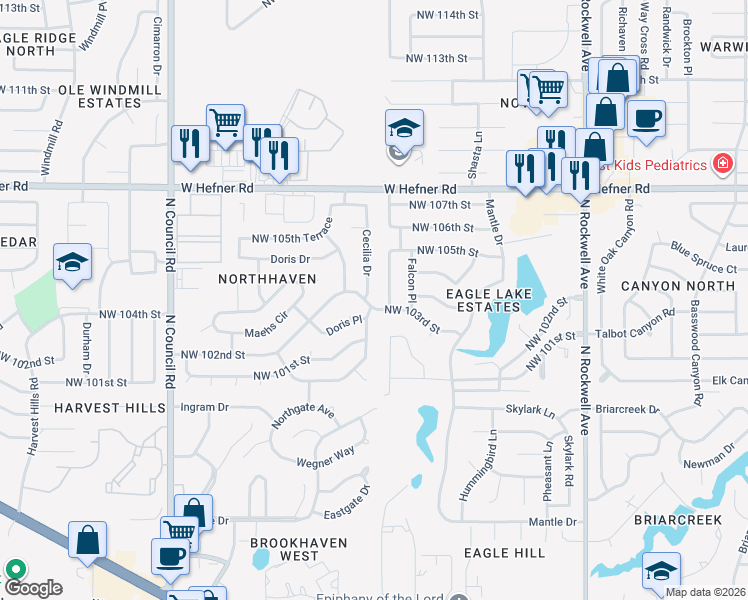 map of restaurants, bars, coffee shops, grocery stores, and more near 7516 Northwest 103rd Street in Oklahoma City