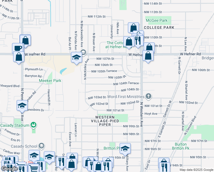 map of restaurants, bars, coffee shops, grocery stores, and more near 10412 North University Avenue in Oklahoma City