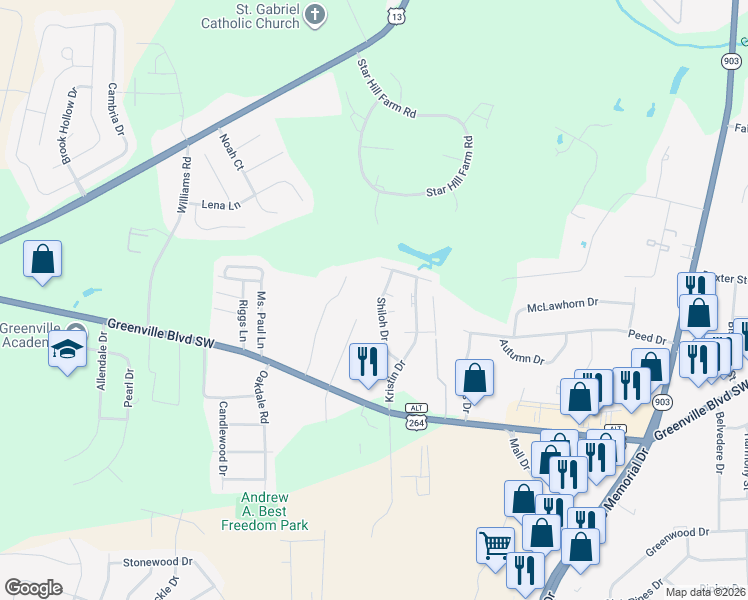 map of restaurants, bars, coffee shops, grocery stores, and more near 116 Laughinghouse Drive in Greenville