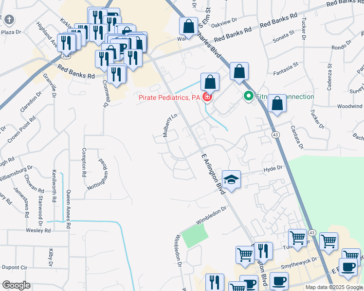 map of restaurants, bars, coffee shops, grocery stores, and more near 3011 Mulberry Lane in Greenville