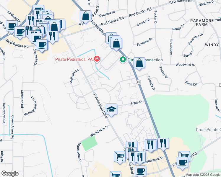 map of restaurants, bars, coffee shops, grocery stores, and more near 2701 Townes Drive in Greenville