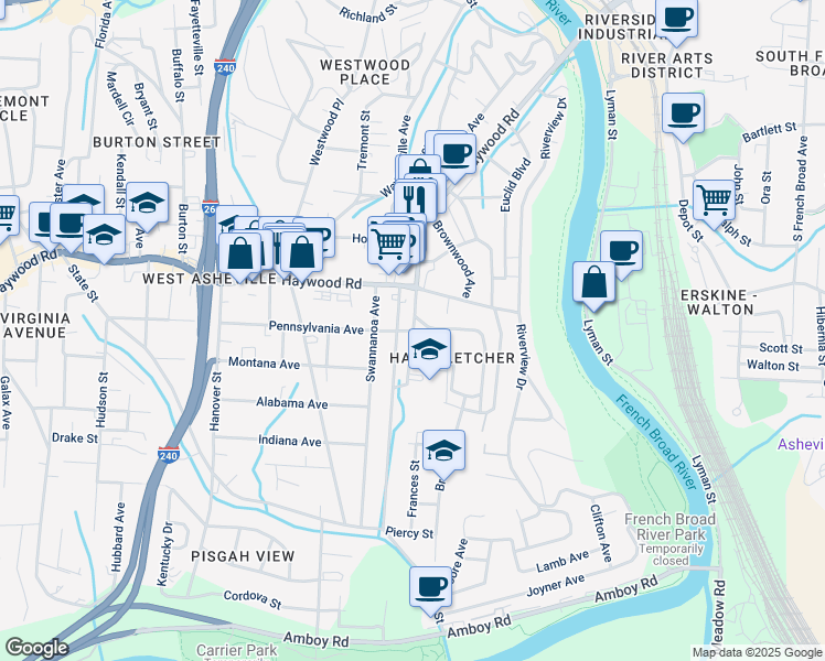 map of restaurants, bars, coffee shops, grocery stores, and more near 1 Pennsylvania Avenue in Asheville