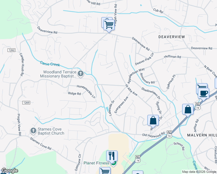 map of restaurants, bars, coffee shops, grocery stores, and more near 213 Appalachian Way in Asheville