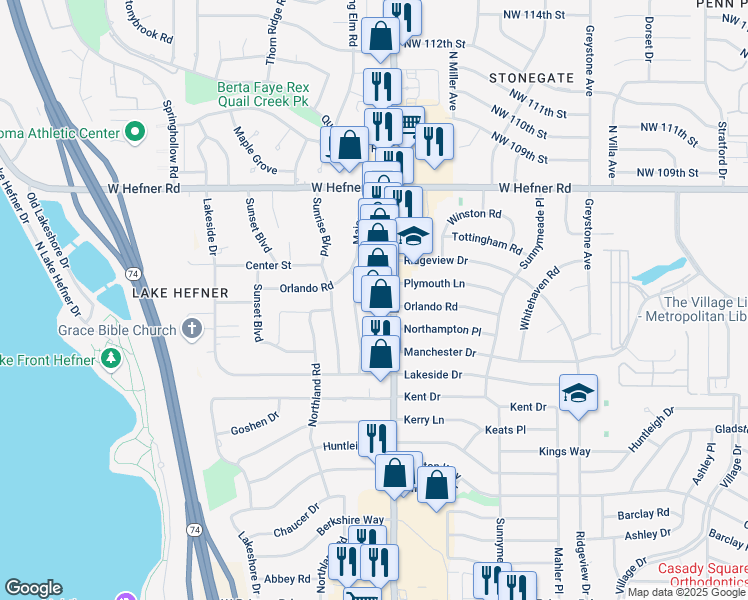 map of restaurants, bars, coffee shops, grocery stores, and more near 10521 North May Avenue in Oklahoma City