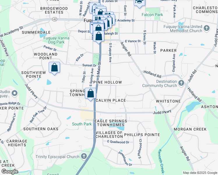 map of restaurants, bars, coffee shops, grocery stores, and more near 609 South Fuquay Avenue in Fuquay-Varina