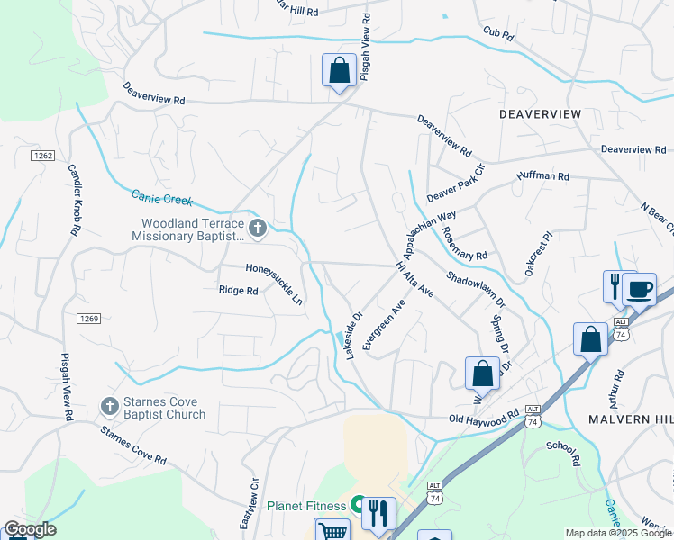 map of restaurants, bars, coffee shops, grocery stores, and more near 213 Appalachian Way in Asheville