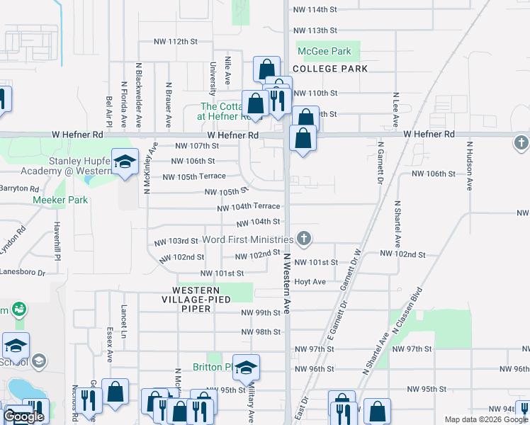 map of restaurants, bars, coffee shops, grocery stores, and more near 1124 Northwest 105th Street in Oklahoma City