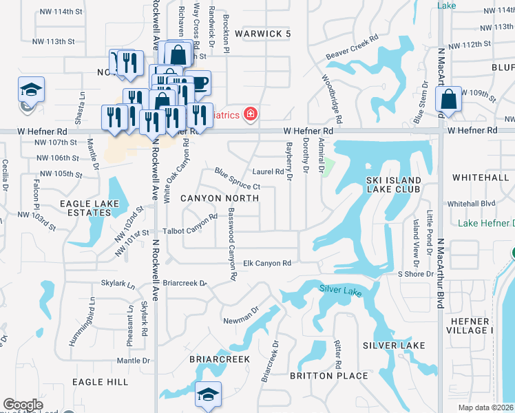 map of restaurants, bars, coffee shops, grocery stores, and more near 6620 Blue Spruce Court in Oklahoma City