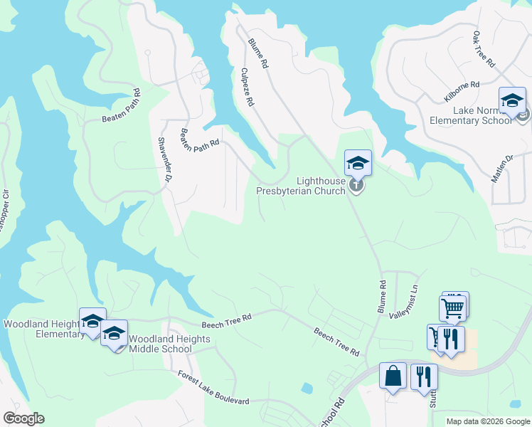 map of restaurants, bars, coffee shops, grocery stores, and more near 143 Vista Bluff Lane in Mooresville