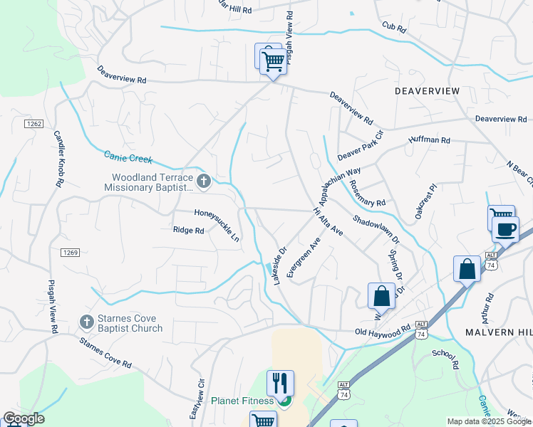 map of restaurants, bars, coffee shops, grocery stores, and more near 213 Appalachian Way in Asheville