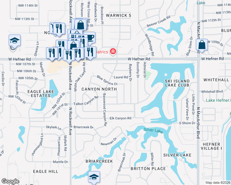 map of restaurants, bars, coffee shops, grocery stores, and more near 6620 Blue Spruce Court in Oklahoma City